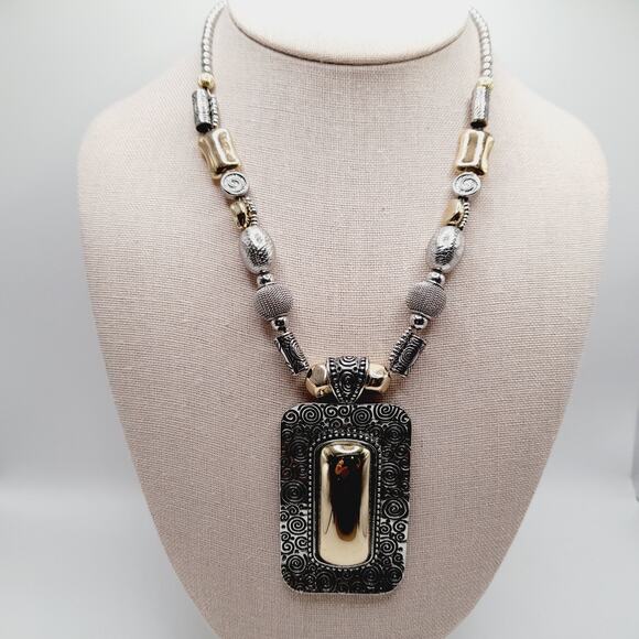 Chico’s Two-Tone Statement Pendant Necklace 20" Bold Mixed Metal Design - Picture 1 of 9